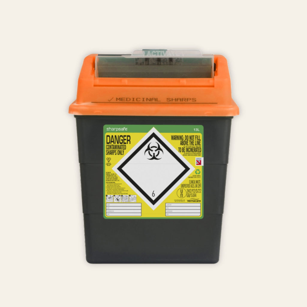 13 litre hazardous sharps disposal bin in orange