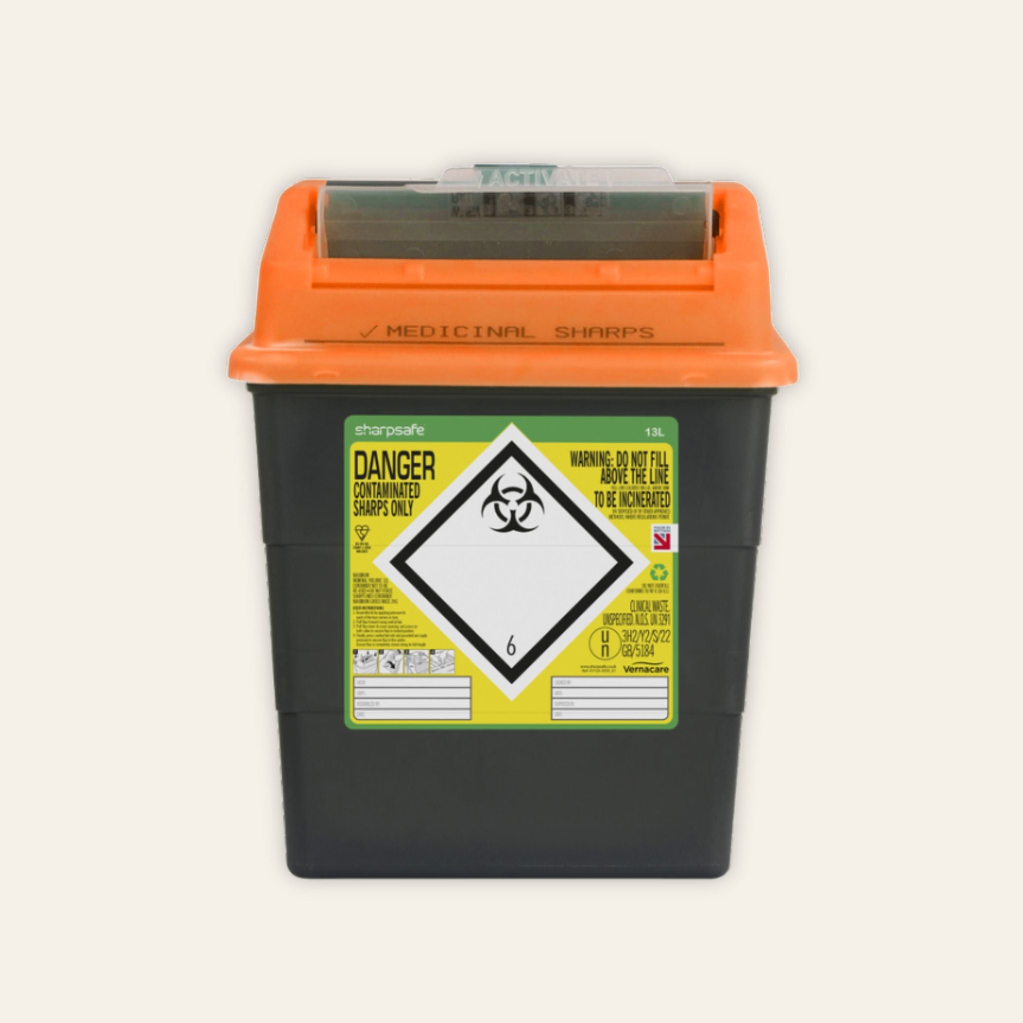 13 litre hazardous sharps disposal bin in orange