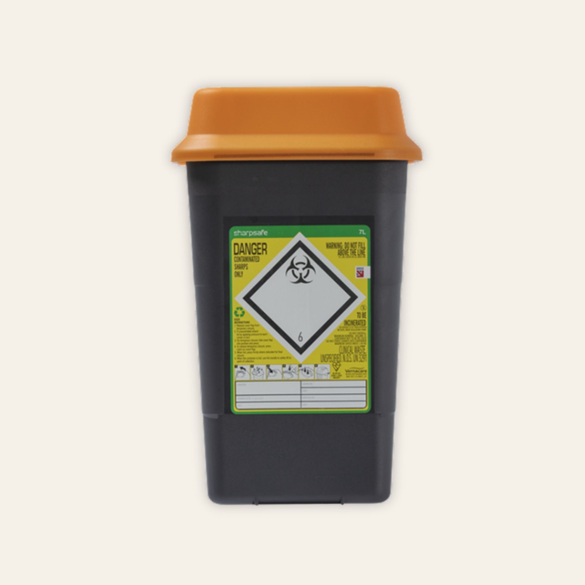 7 litre hazardous sharps disposal bin in orange