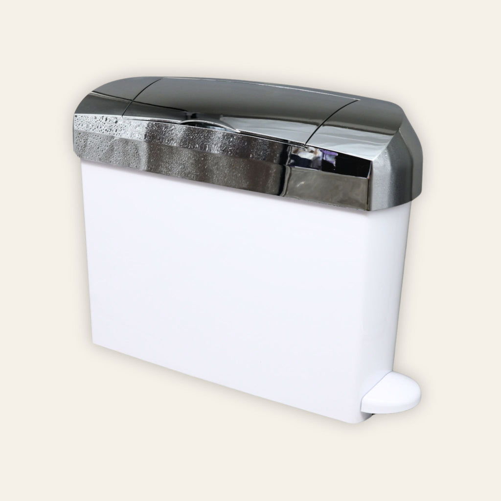 Ladycare Mini pedal sanitary bin in white and chrome