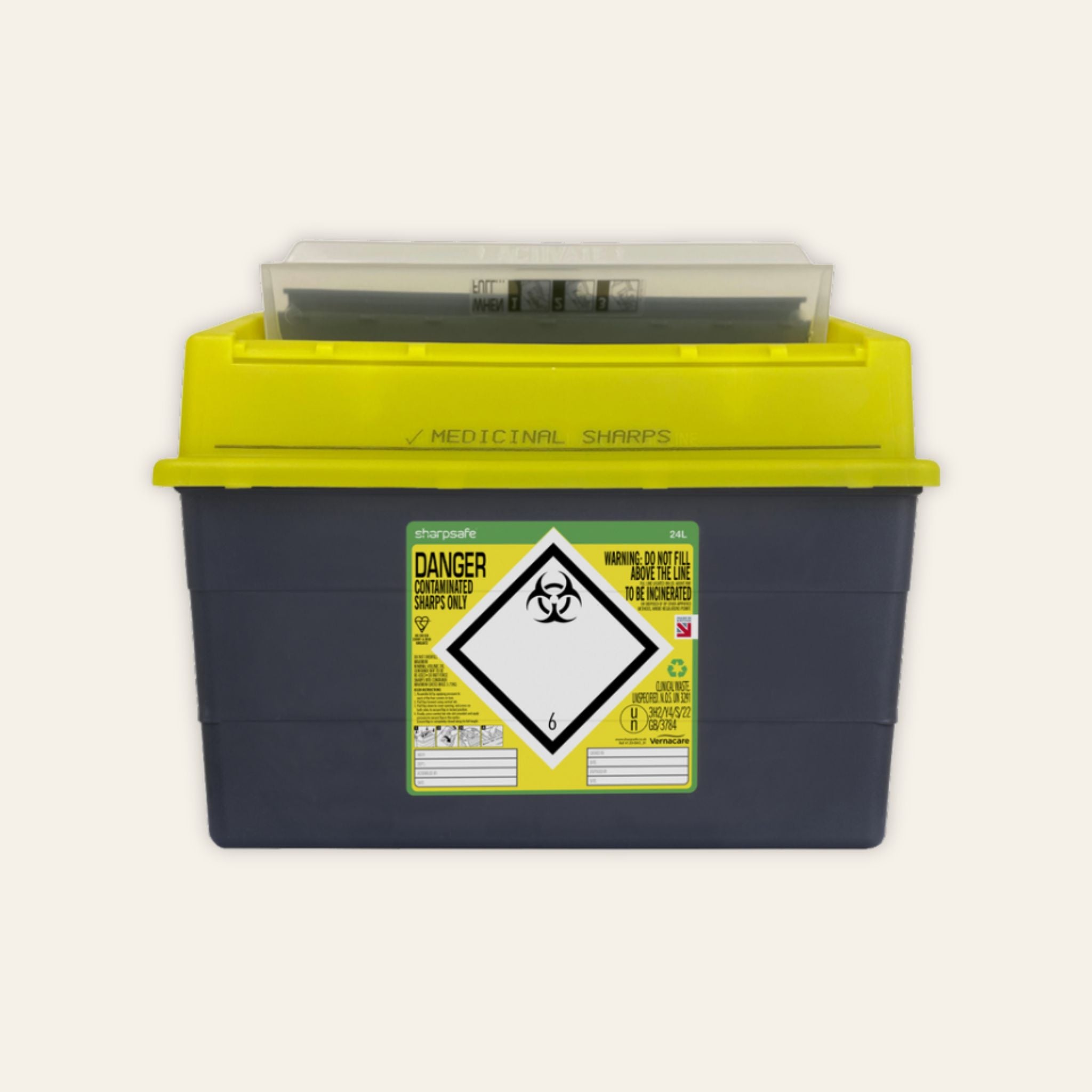 24 litre non-hazardous sharps disposal bin in yellow
