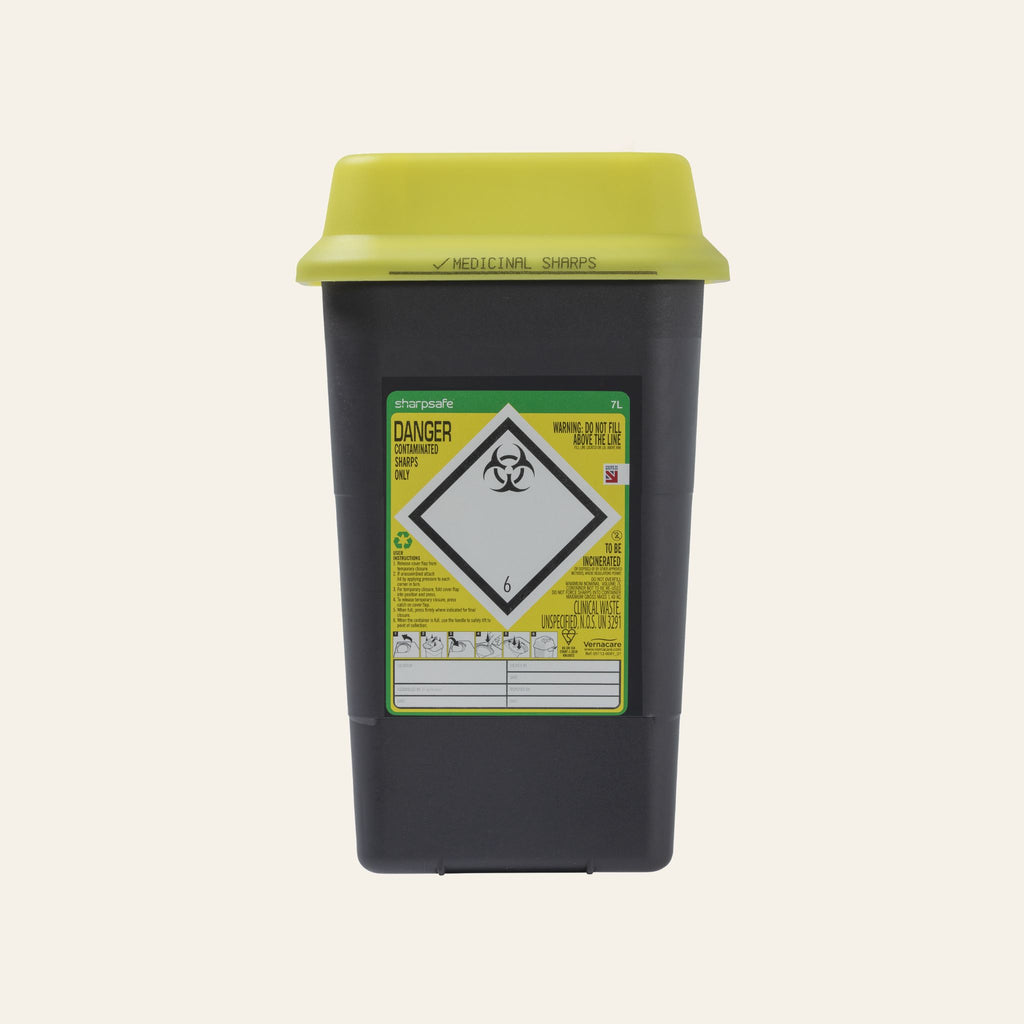 7 litre non-hazardous sharps disposal bin in yellow
