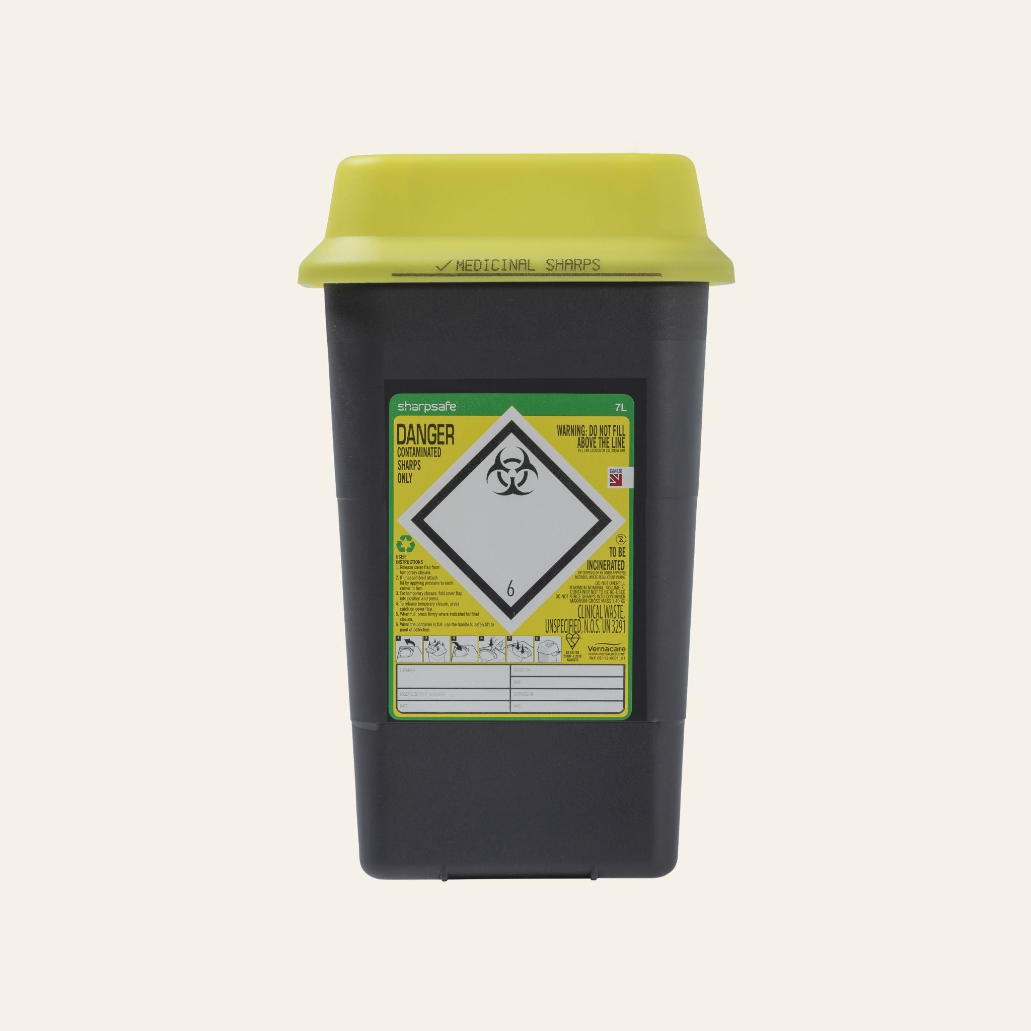 7 litre non-hazardous sharps disposal bin in yellow