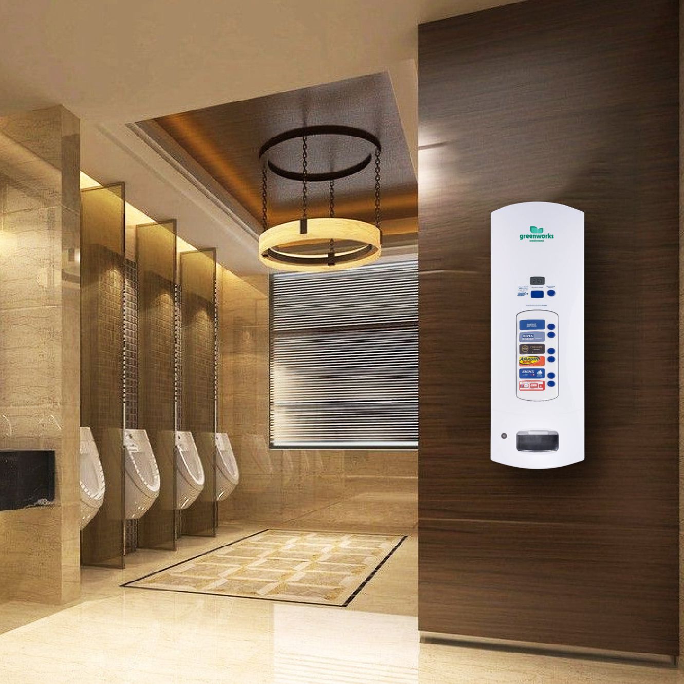 Washroom vending: Multivend dispenser in white in a men's washroom