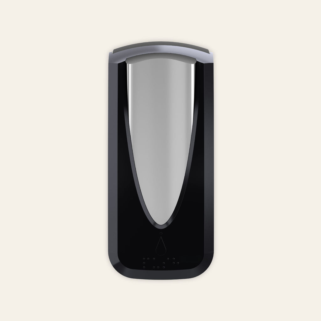 Manual hand sanitiser dispenser in black and chrome