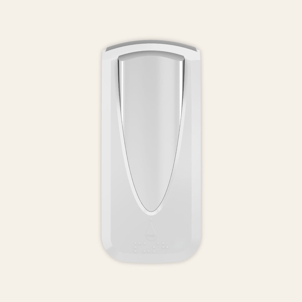 Manual hand sanitiser dispenser in white and chrome