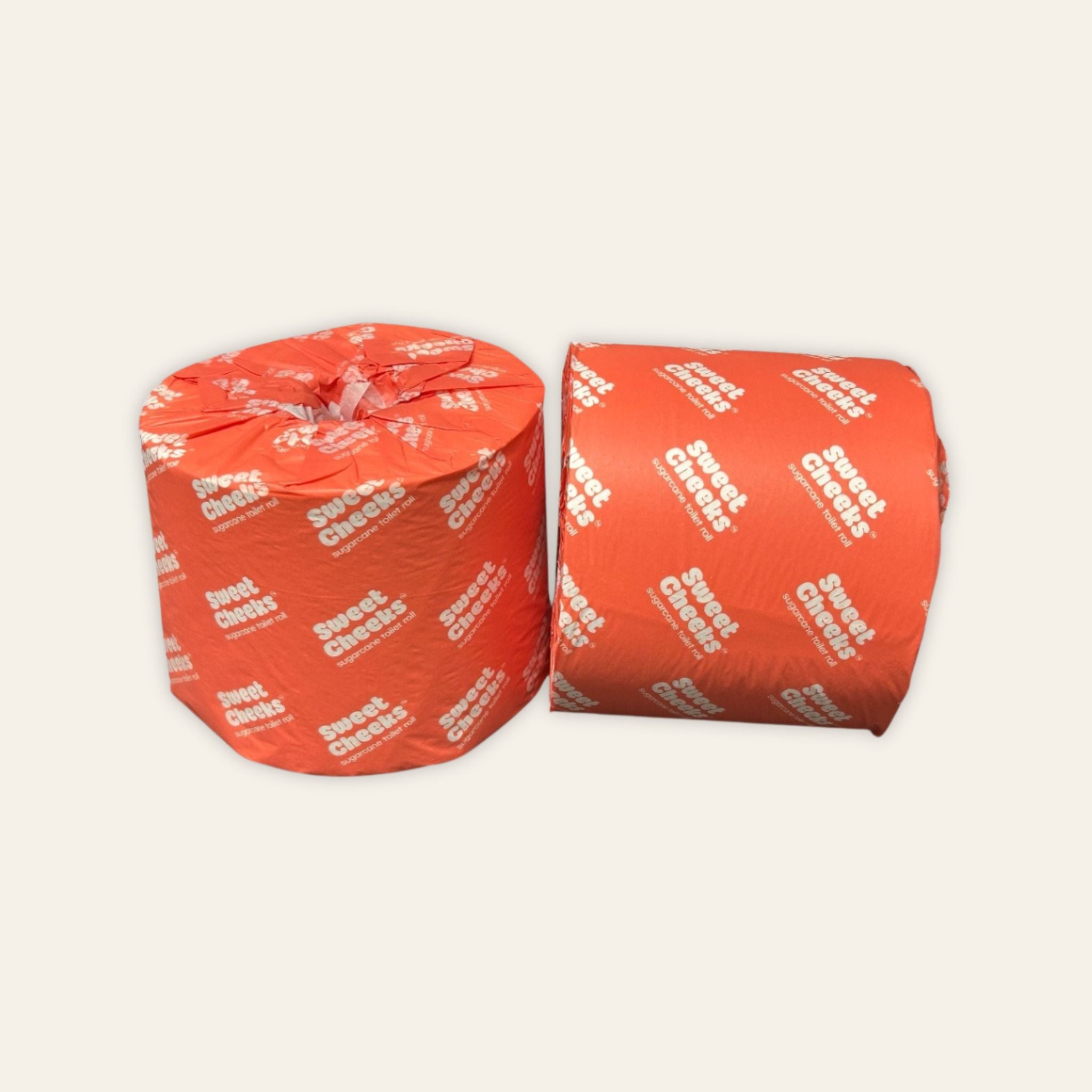 Sweet Cheeks sugarcane 3-ply toilet roll in orange packaging