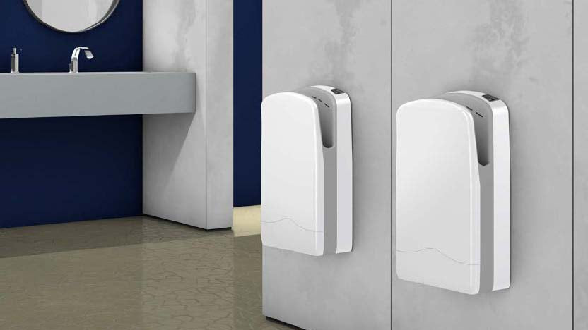 Hand dryers: Tri-blade unit in white, reducing paper towel waste