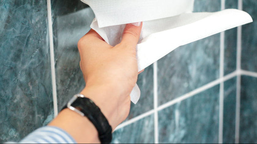 Hand towel dispensers: paper towels being taken from a wall dispenser