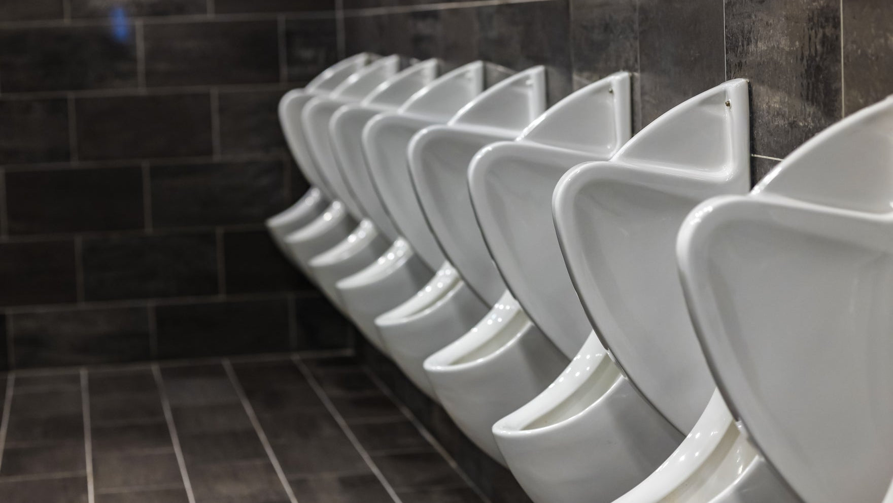 Urinal P screens: a row of urinals in a public men's washroom