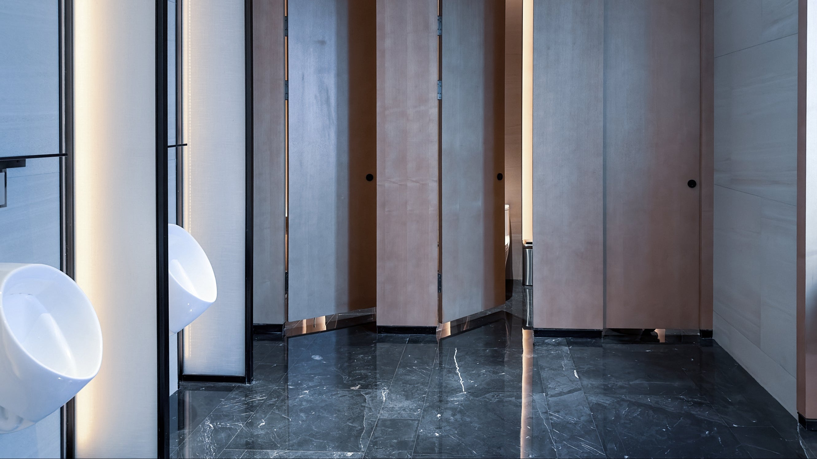 Toilet roll dispensers in a modern men's washroom